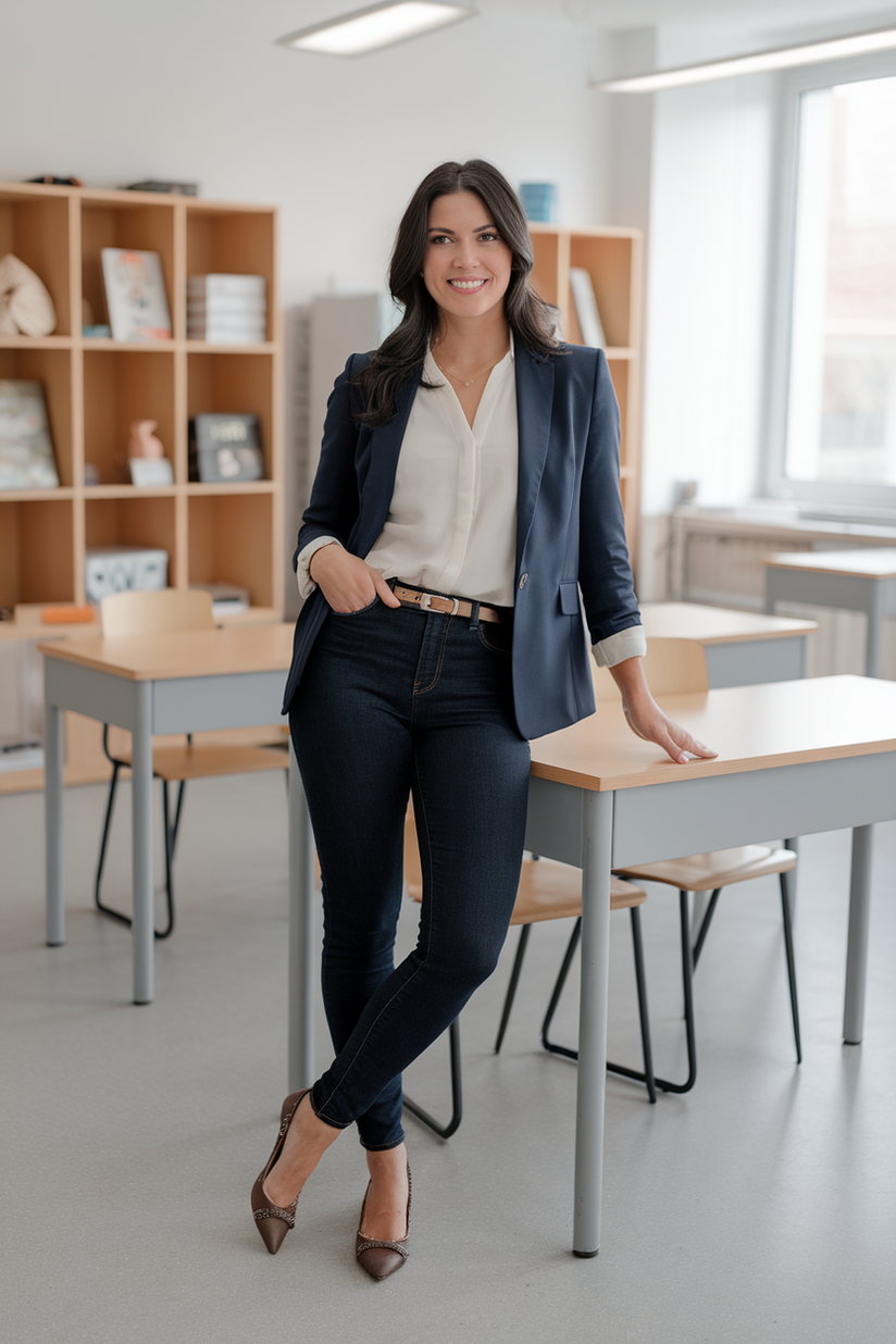 A female teacher in dark jeans, a navy blazer, and pointed-toe flats leaning against a desk.