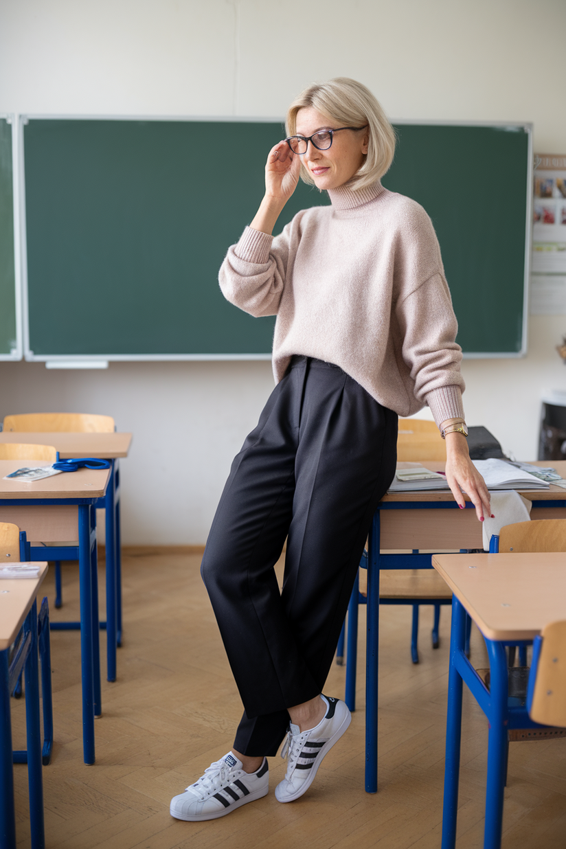 A middle-aged female teacher in a beige sweater and black trousers with white Adidas sneakers in a classroom.