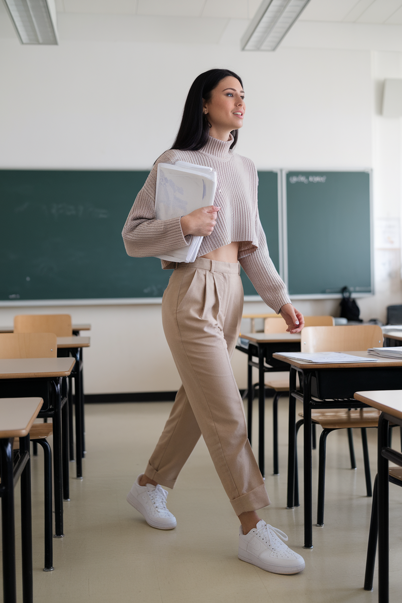 A female teacher in beige trousers, a cropped sweater, and white Air Force 1 sneakers walking in a classroom.