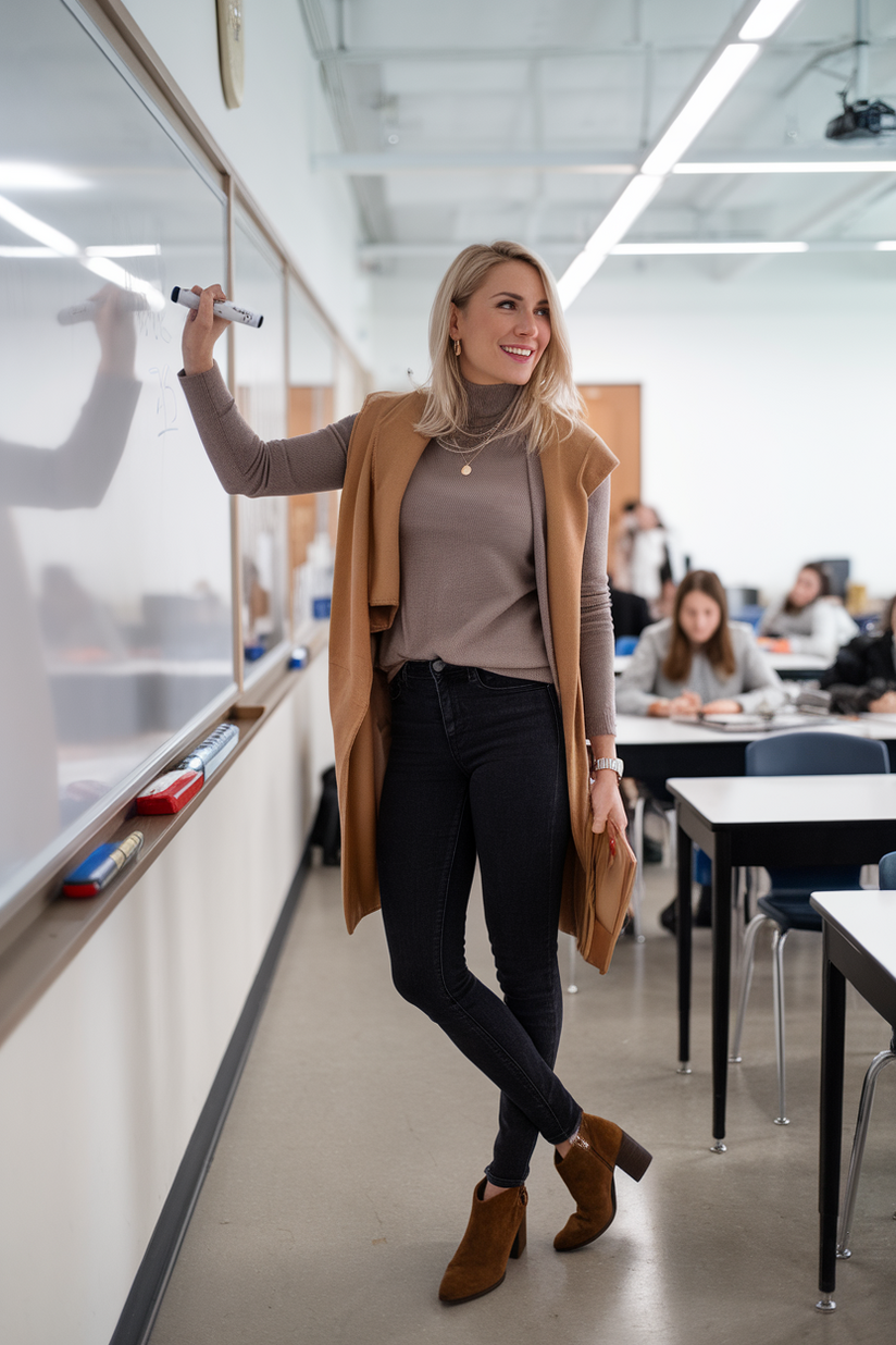 A female teacher in dark skinny jeans, a sweater, and brown suede ankle boots by a whiteboard.