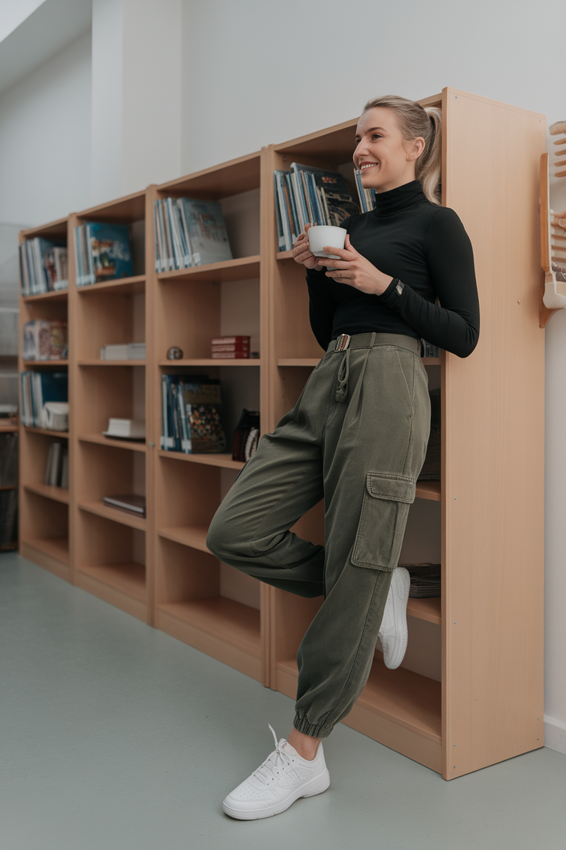 A female teacher in olive green cargo pants, a black turtleneck, and white sneakers near a bookshelf.