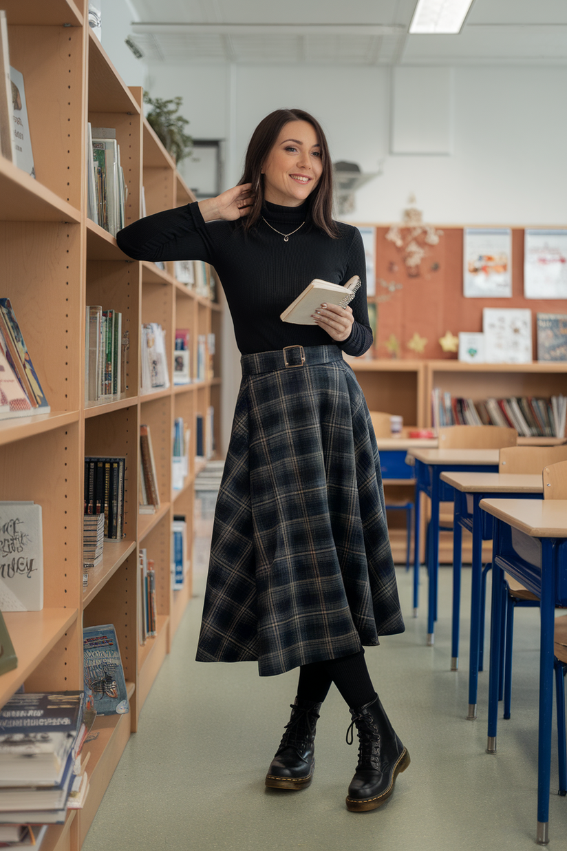 A female teacher in a plaid midi skirt, black turtleneck, and black Doc Martens near a bookshelf.