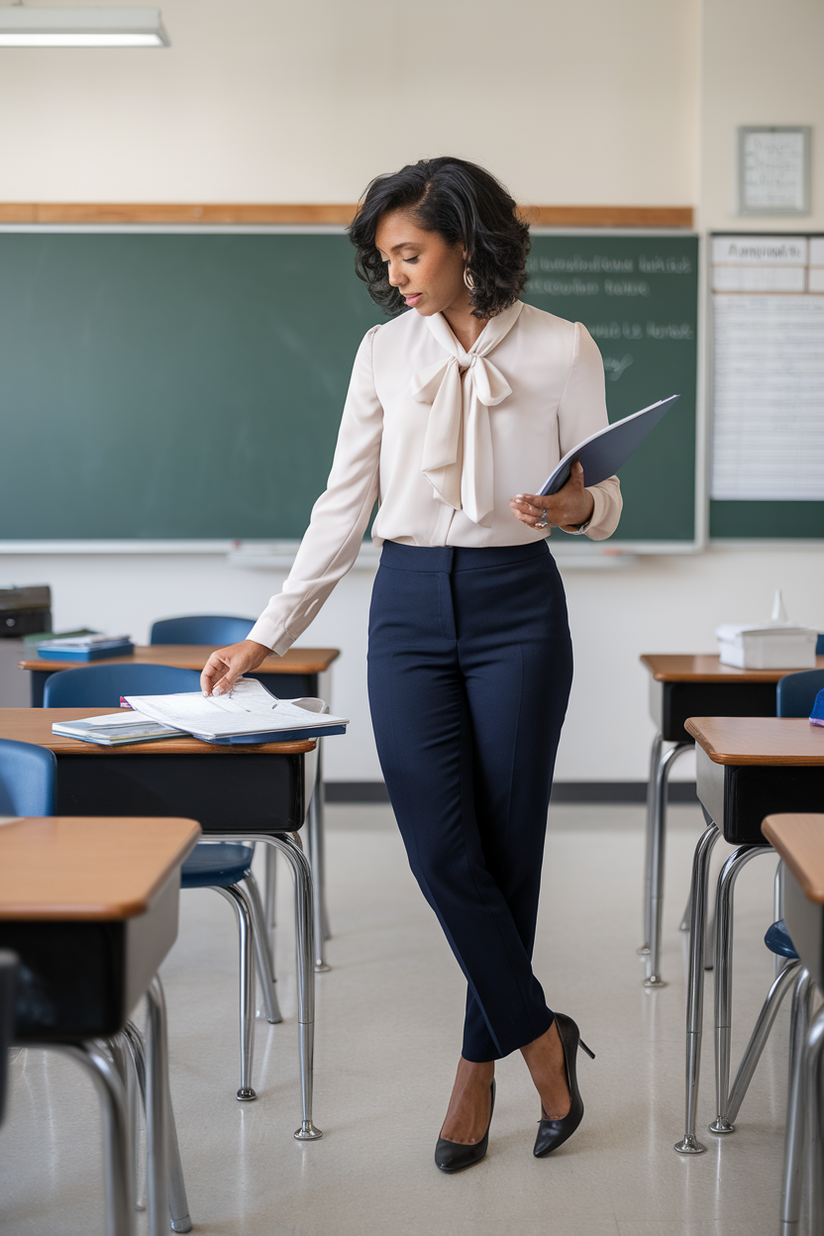 A female teacher in navy dress pants, a cream blouse, and black heels near a desk.