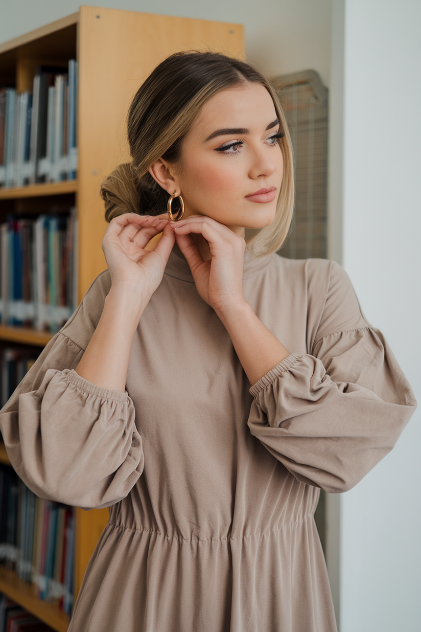 A young female teacher in a neutral midi dress wearing gold hoop earrings in a classroom.