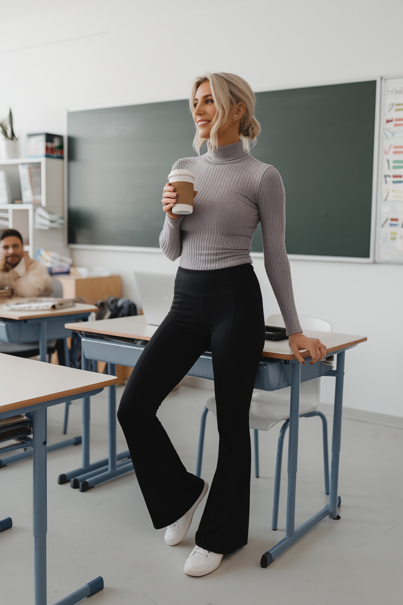 A female teacher in black flare leggings and a ribbed turtleneck with white sneakers in a classroom.