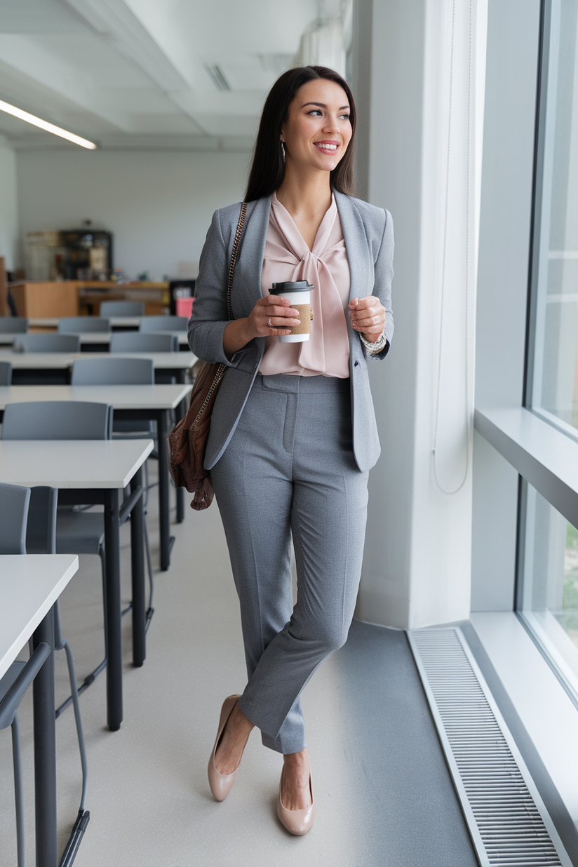 A female teacher in gray dress pants, a pastel blouse, and nude ballet flats near a window.