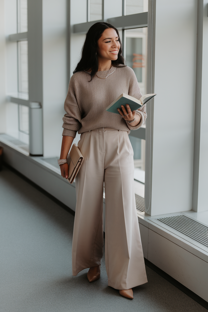 A female teacher in flowy beige trousers, a knit sweater, and flats near a window.