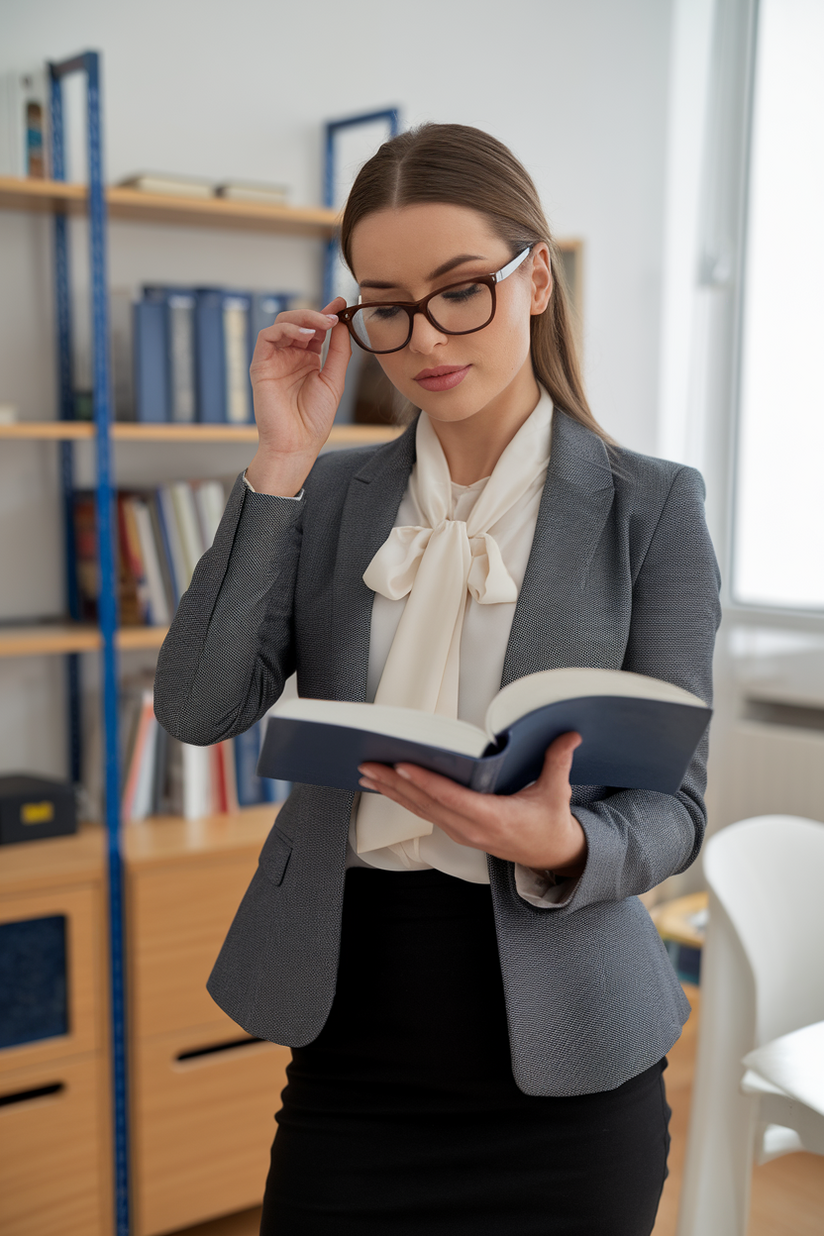 A female teacher in a blazer, white blouse, and black pencil skirt, adjusting her glasses.