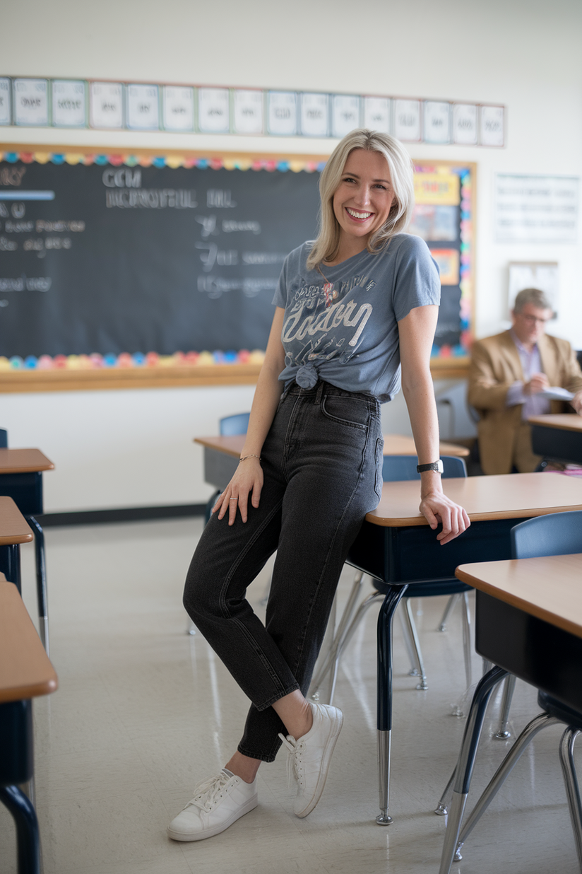 A female teacher in black jeans, a graphic T-shirt, and white sneakers leaning on a desk.