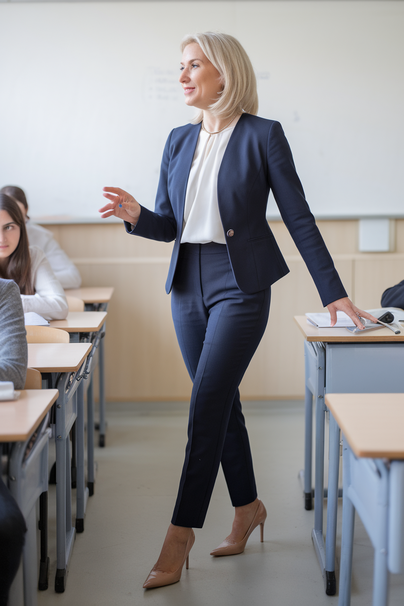 A middle-aged female teacher in a navy blazer, white blouse, and black trousers with nude heels in a classroom.