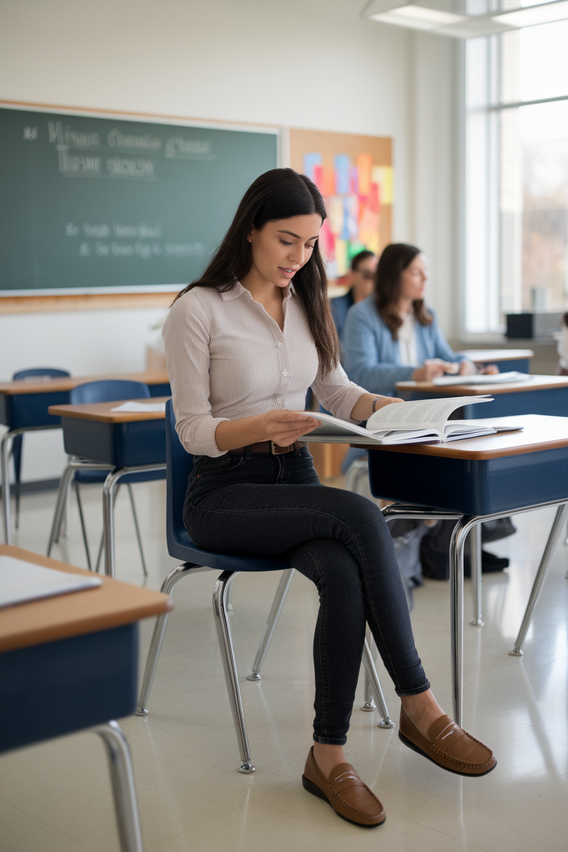 A young female teacher in dark skinny jeans, a button-up shirt, and brown loafers sitting at her desk.