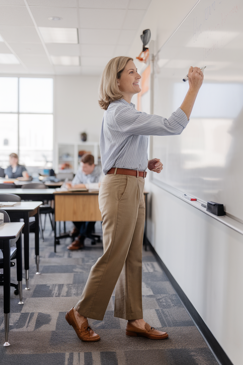 A middle-aged female teacher in khaki pants, a striped button-up shirt, and brown loafers writing on a whiteboard.