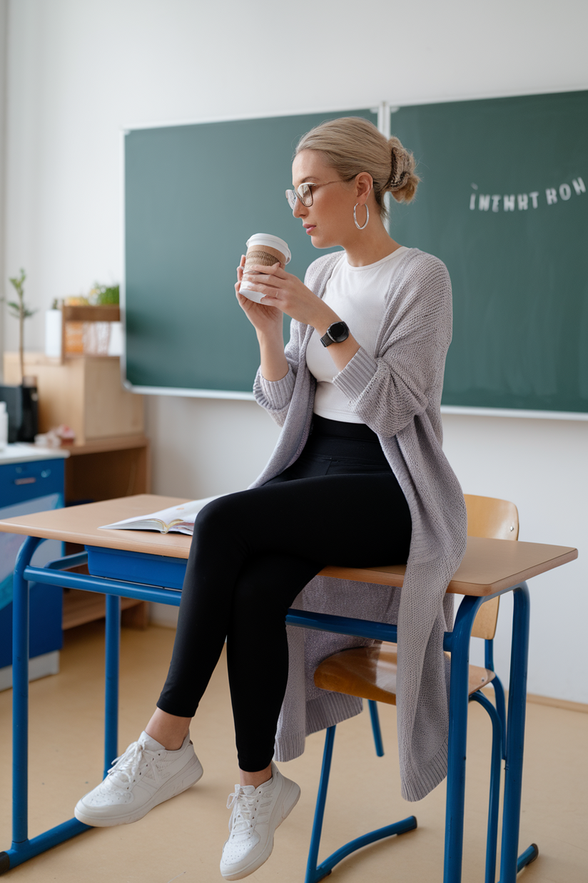 A female teacher in black leggings, a long cardigan, and white sneakers sitting on her desk.