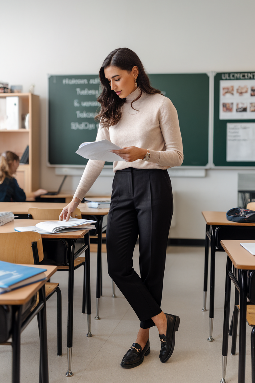 A female teacher in black trousers, a beige sweater, and black leather loafers near her desk.