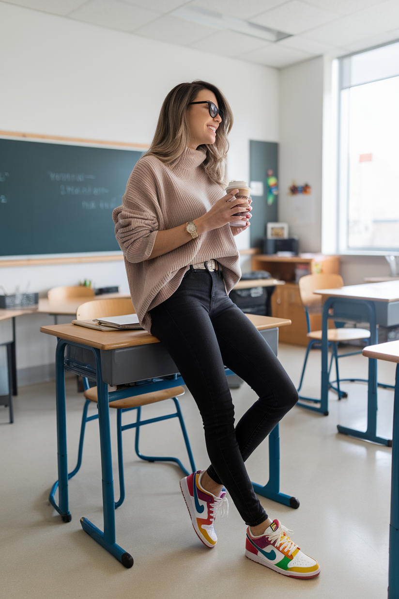 A female teacher in black jeans, a beige sweater, and Nike Dunks leaning against a desk.