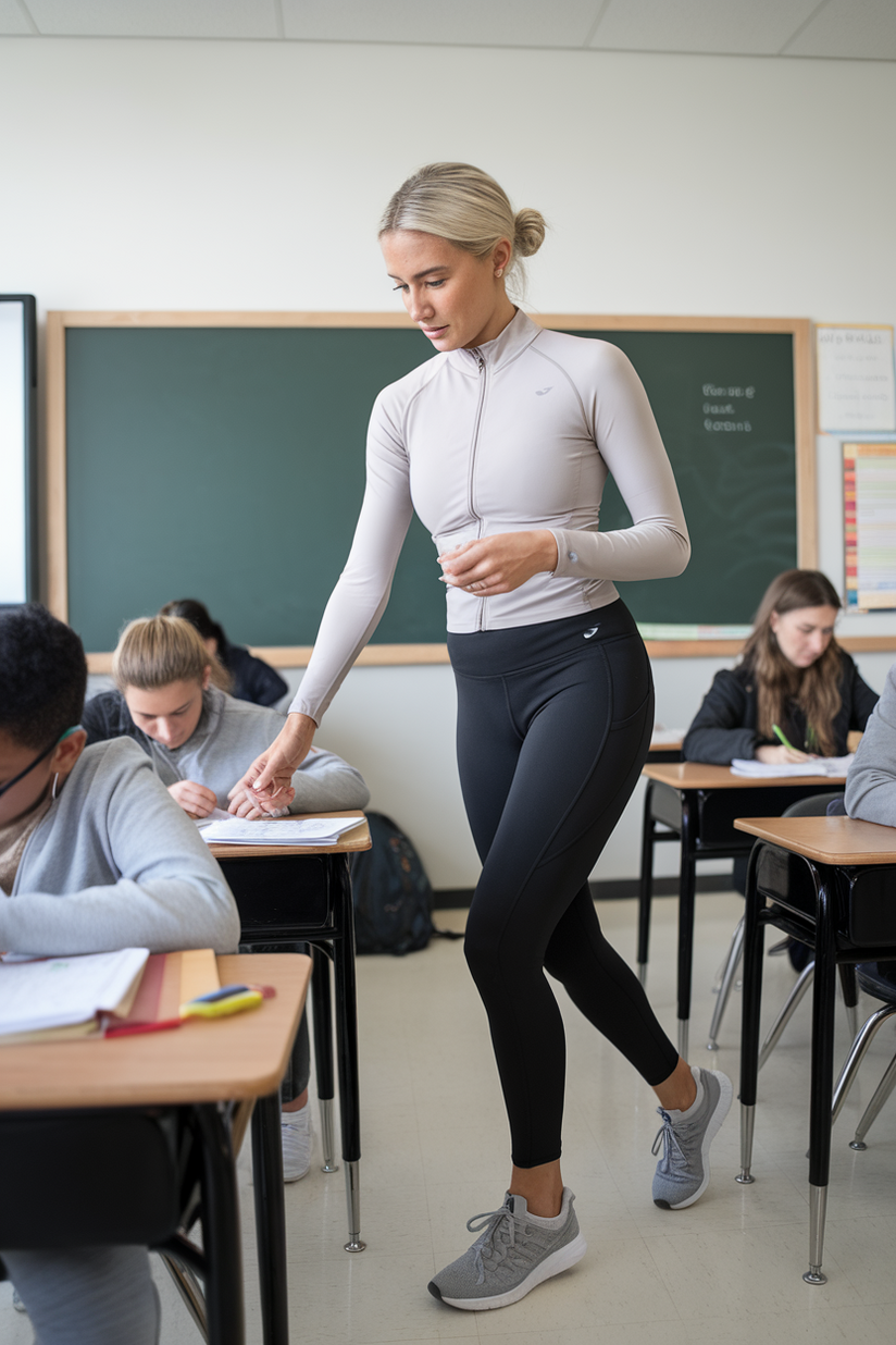 A female teacher in black leggings, a white zip-up jacket, and gray On Cloud shoes near a desk.