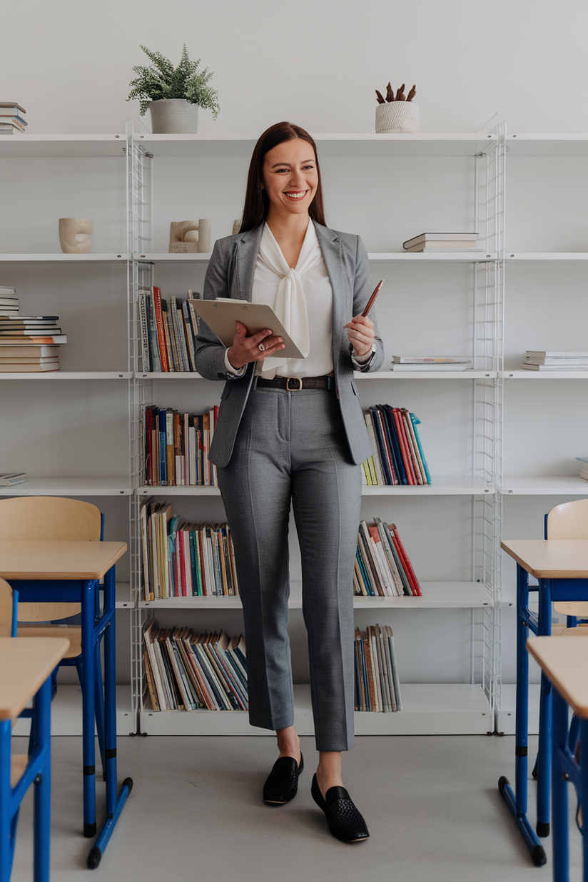 A female teacher in gray trousers, a white blouse, and black loafers standing in front of a bookshelf.