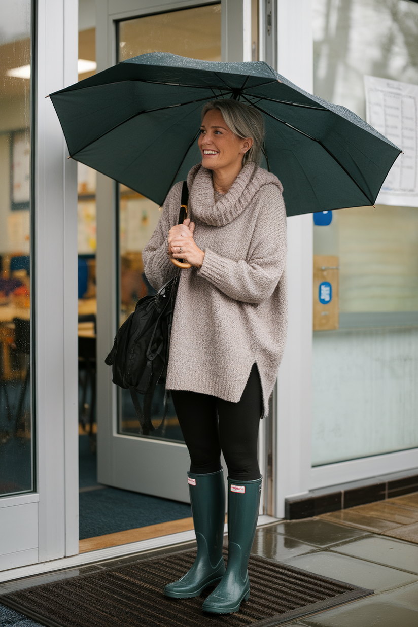 A middle-aged female teacher in black leggings, an oversized sweater, and green rain boots near the classroom door.