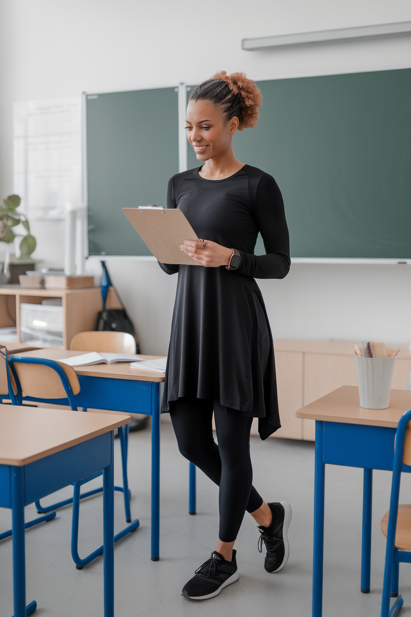 A female teacher in black leggings, an athletic tunic, and black running shoes near a desk.