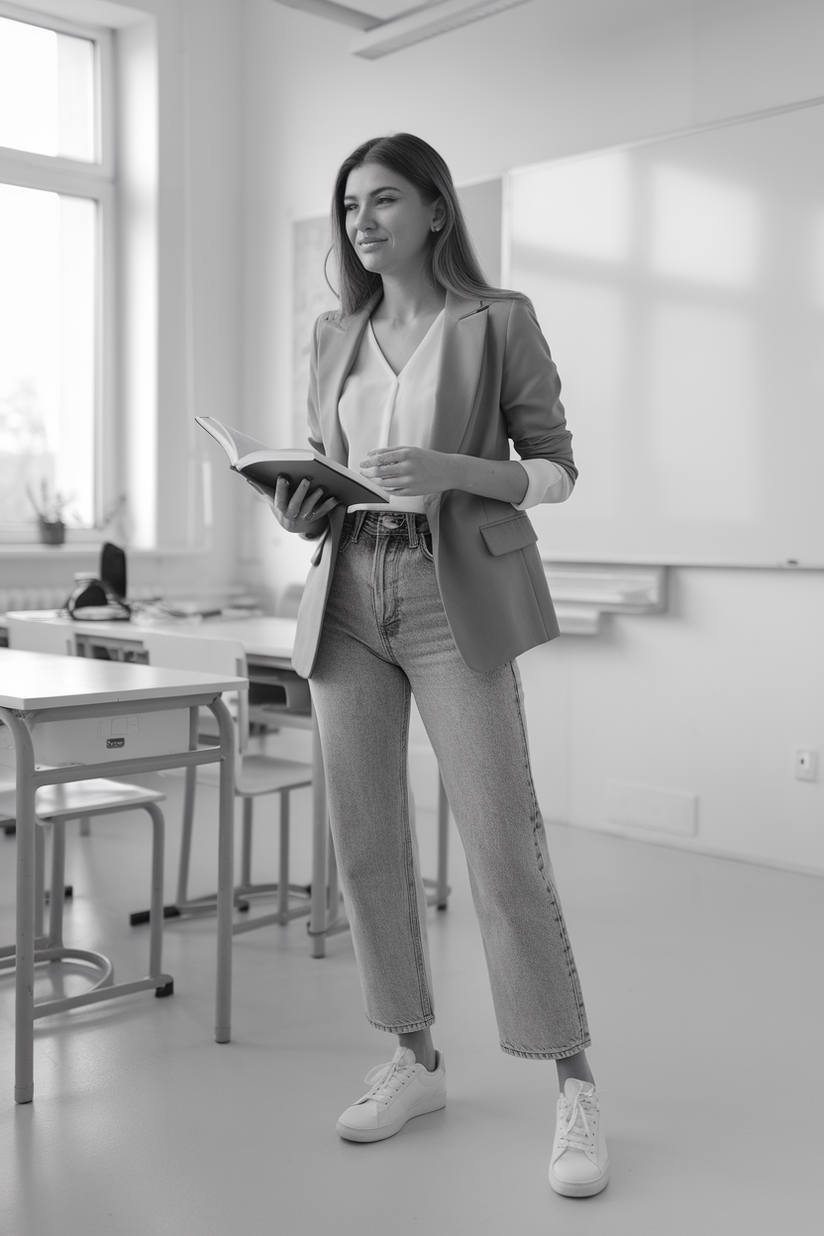 A young female teacher wearing a blazer, blouse, and straight-leg jeans with white sneakers in a modern classroom.