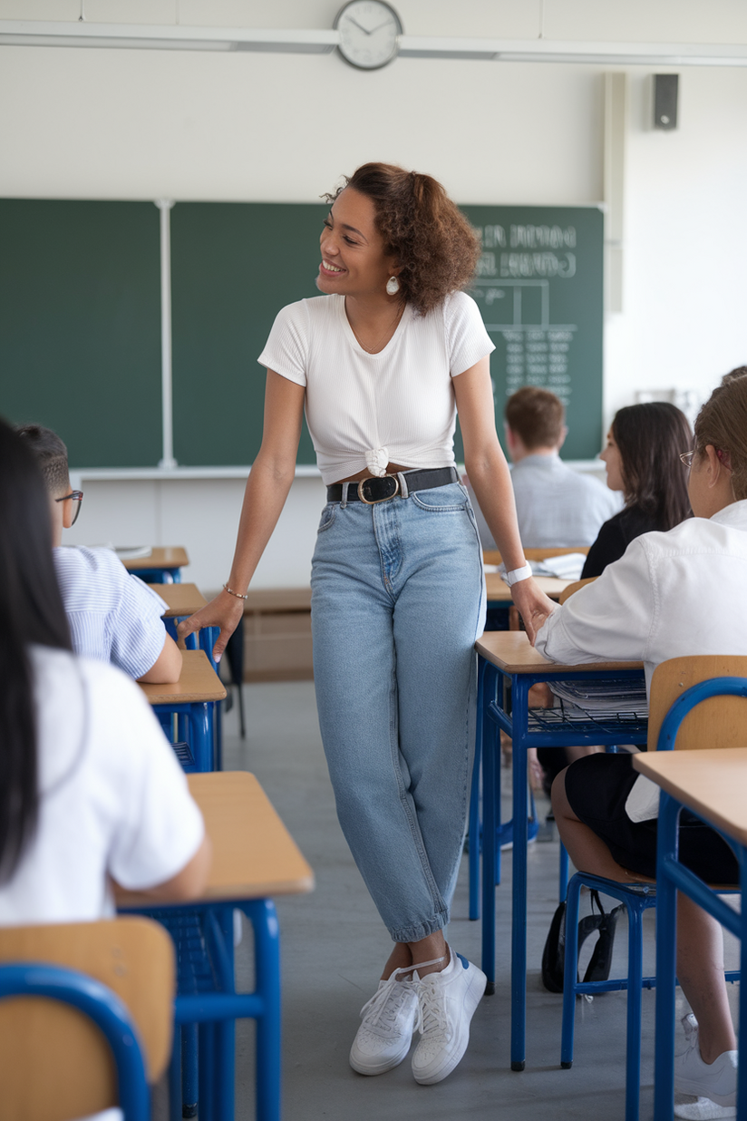 A female teacher in high-waisted jeans, a white T-shirt, and white sneakers leaning on a desk.