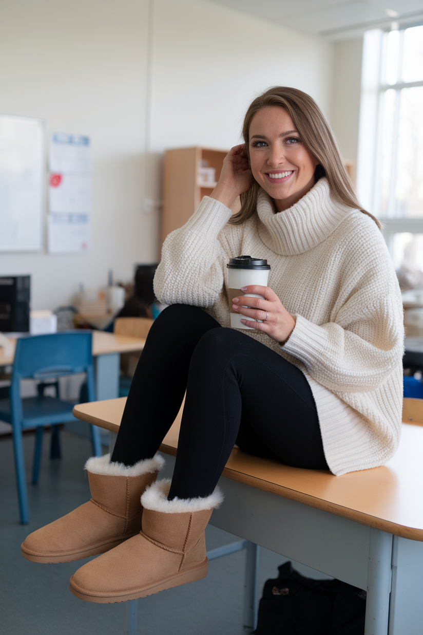 A young female teacher in a cream sweater, black leggings, and tan Ugg boots sitting on a desk.