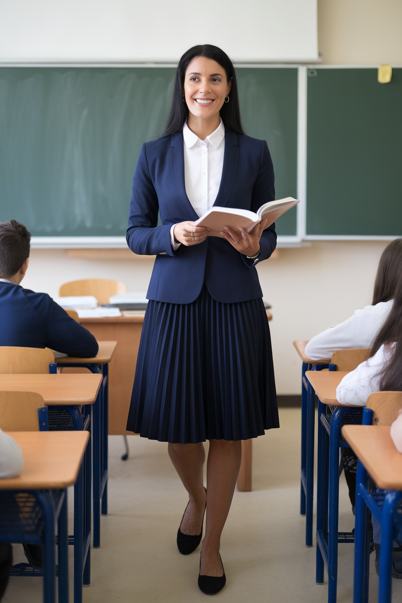 A female teacher in a navy blazer, white button-up, and pleated skirt standing in a classroom.