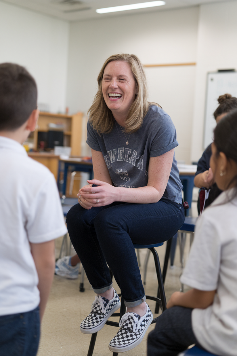 A female teacher in dark jeans, a graphic tee, and checkered Vans sitting on a stool.