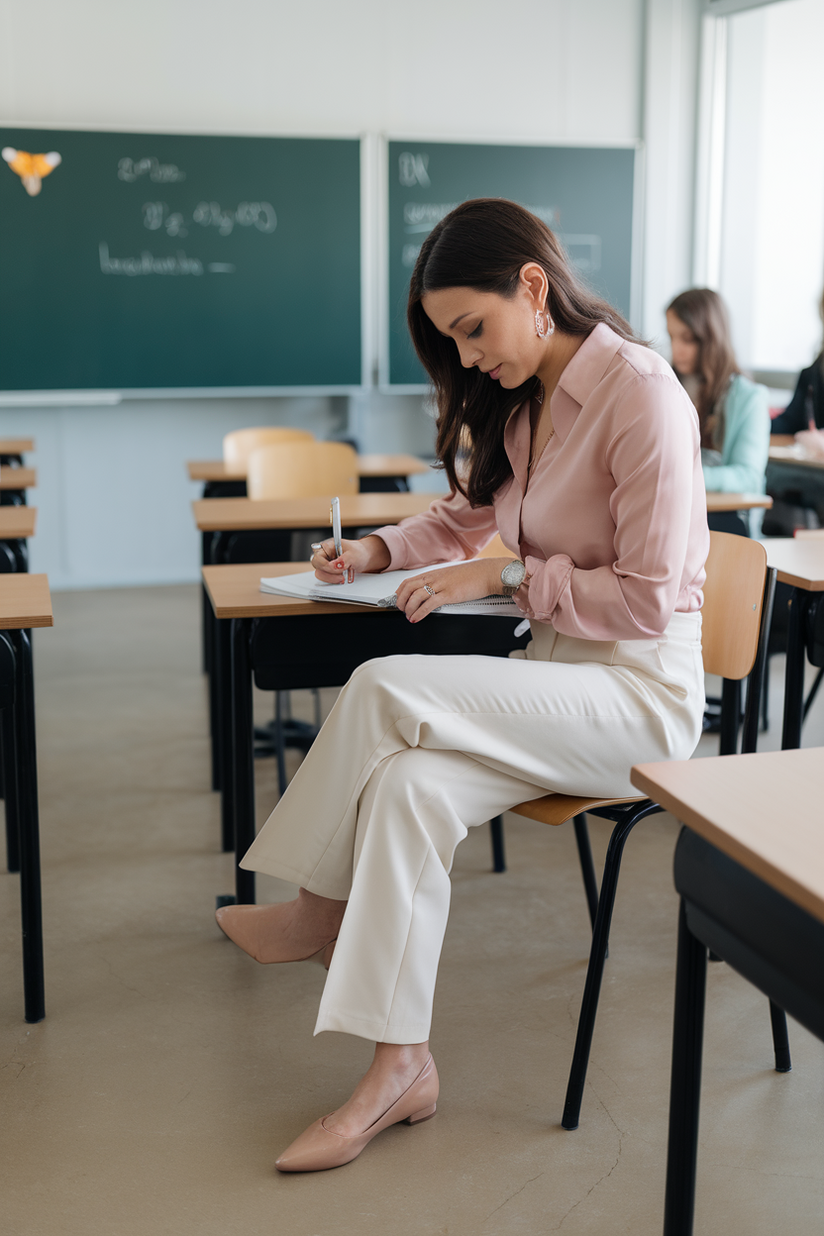 A female teacher in white trousers, a pastel blouse, and nude flats sitting at her desk.