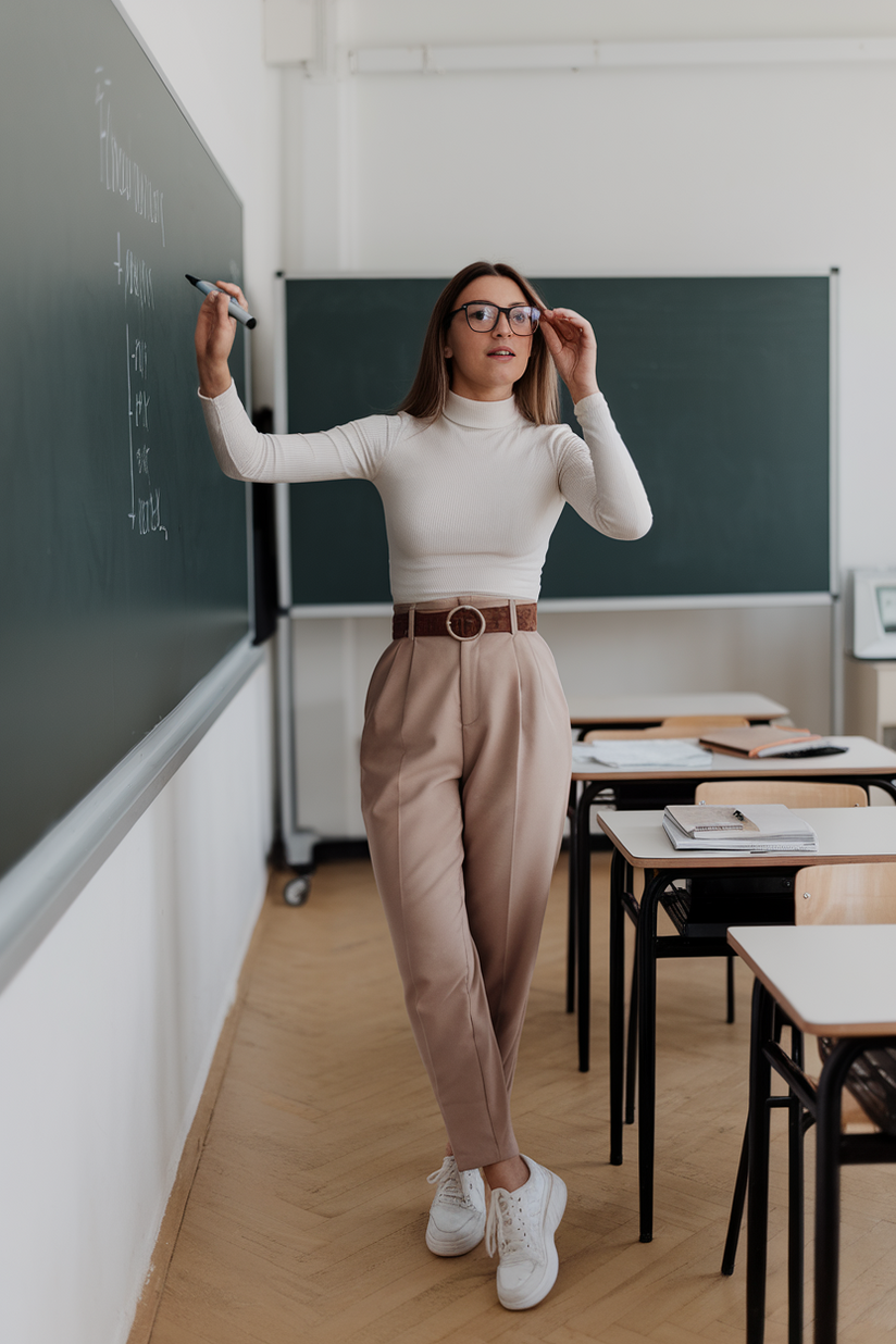 A female teacher in beige trousers, a white turtleneck, and white sneakers writing on the board.