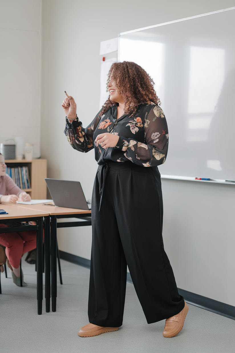 A plus-size female teacher in black trousers, a floral blouse, and loafers near a whiteboard.