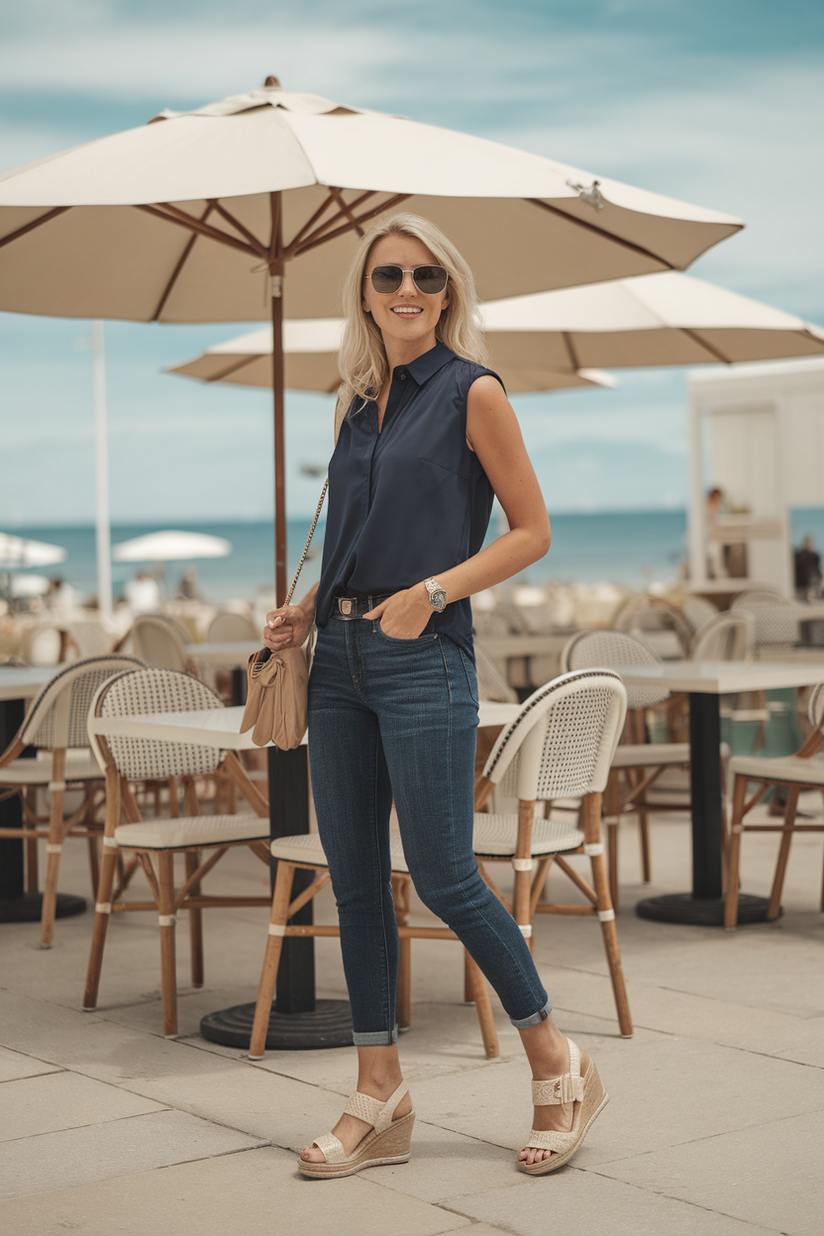 Three-quarter-length dark-wash jeans styled with a sleeveless navy blouse and wedge sandals for a breezy look.