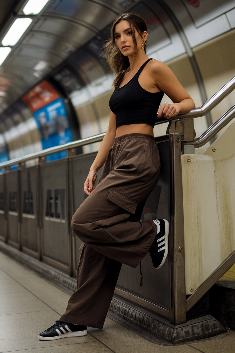 Wide-leg cargo pants styled with a black tank top and Adidas Samba sneakers.