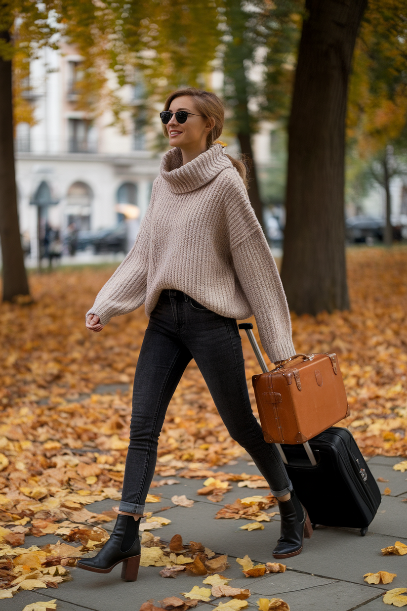 An oversized knit sweater styled with dark-wash skinny jeans and black leather ankle boots.