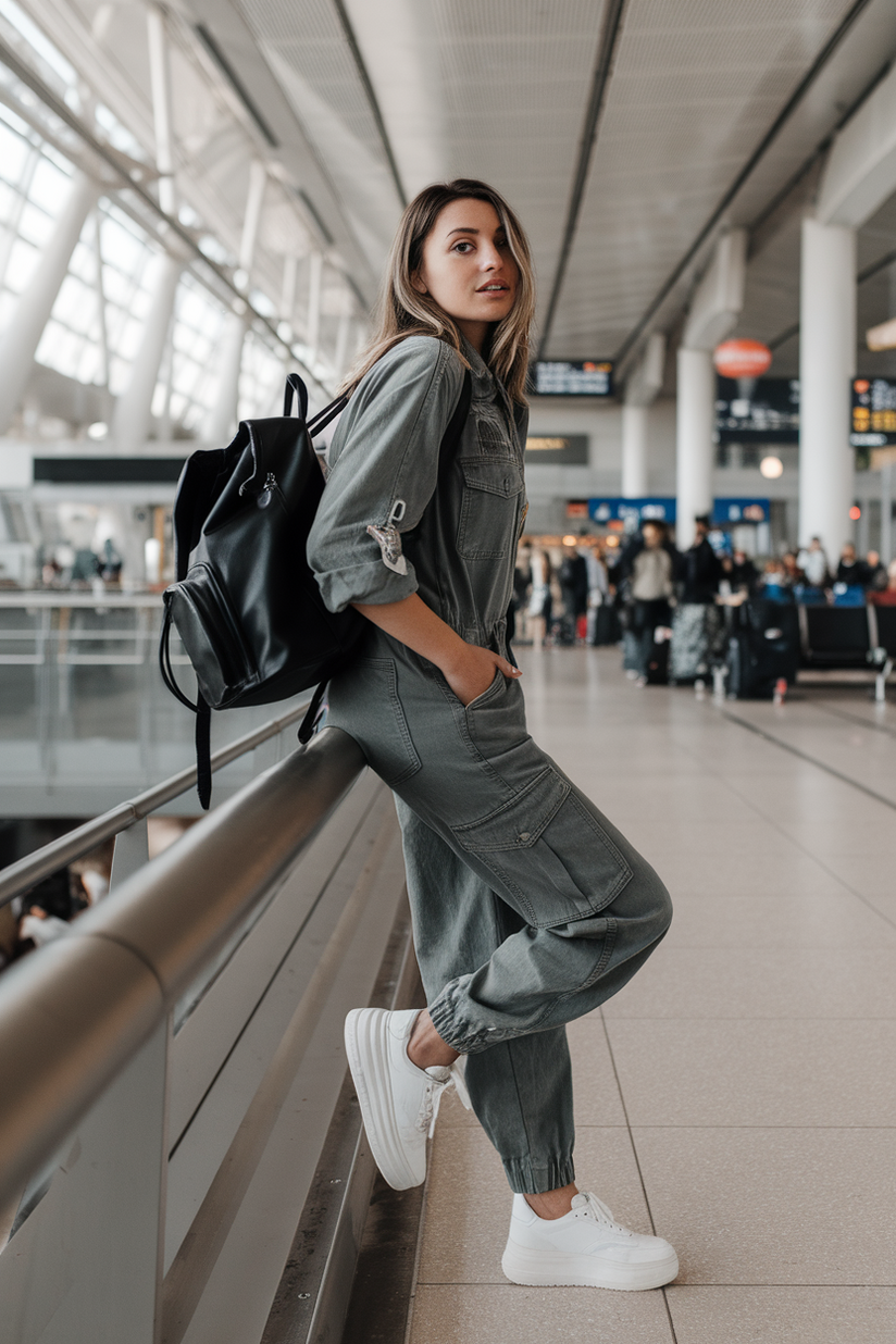 A cargo jumpsuit styled with a black leather backpack and white platform sneakers.