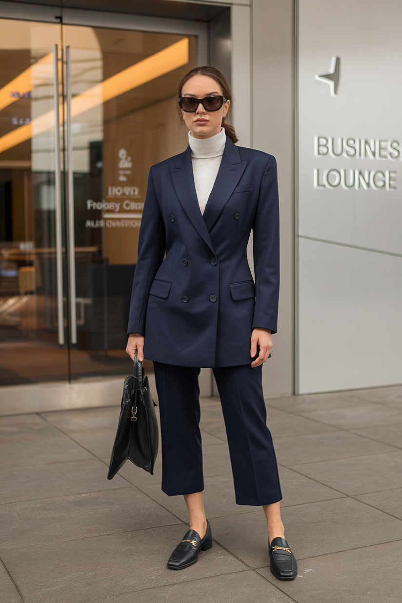 A structured navy blazer layered over a white turtleneck, styled with cropped trousers and loafers.