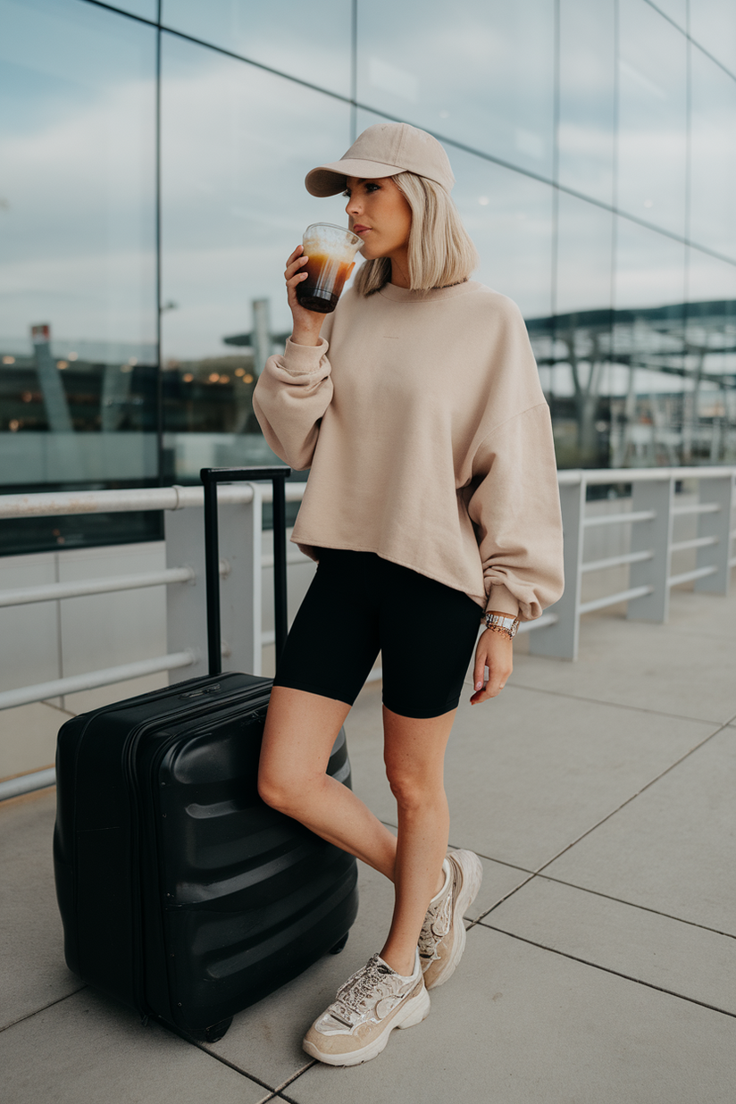 An oversized sweatshirt and black biker shorts styled with chunky sneakers and a baseball cap.