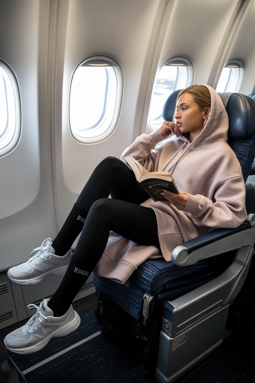 An oversized hoodie and leggings styled with black compression socks and white sneakers.