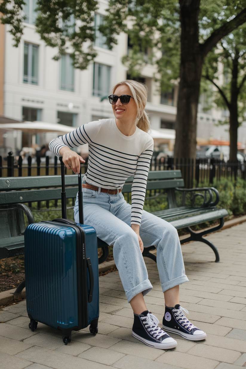 A striped long-sleeve shirt styled with relaxed-fit jeans and black high-top Converse sneakers.