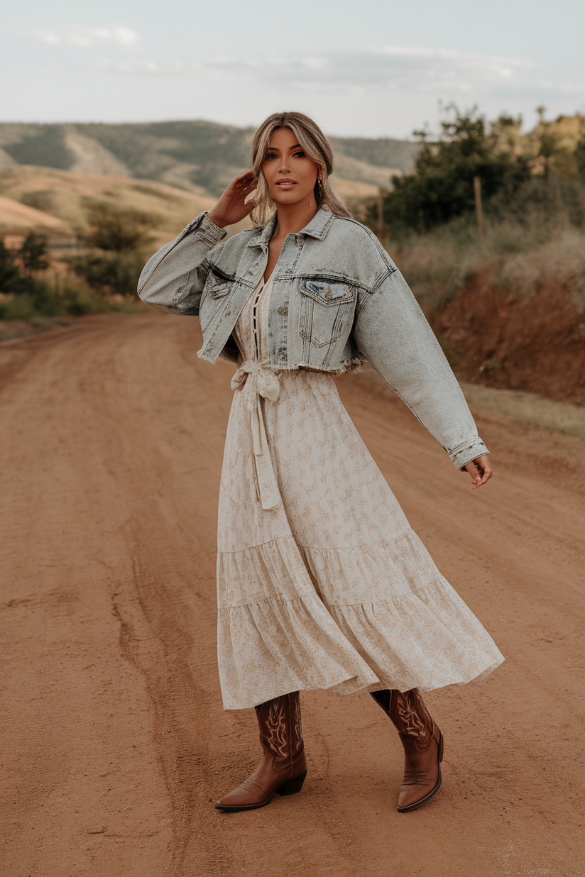 A flowy white boho dress styled with a cropped denim jacket and brown cowboy boots.