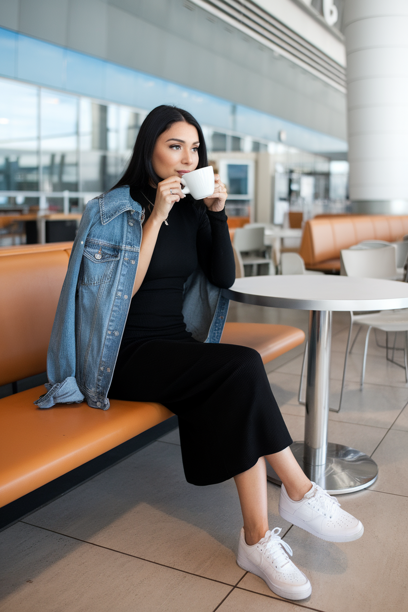 A black midi dress layered with a blue denim jacket, styled with white sneakers.