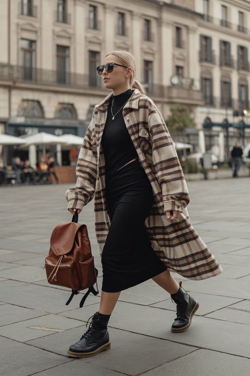 An oversized plaid flannel shirt styled over a fitted black dress and black Dr. Martens boots.