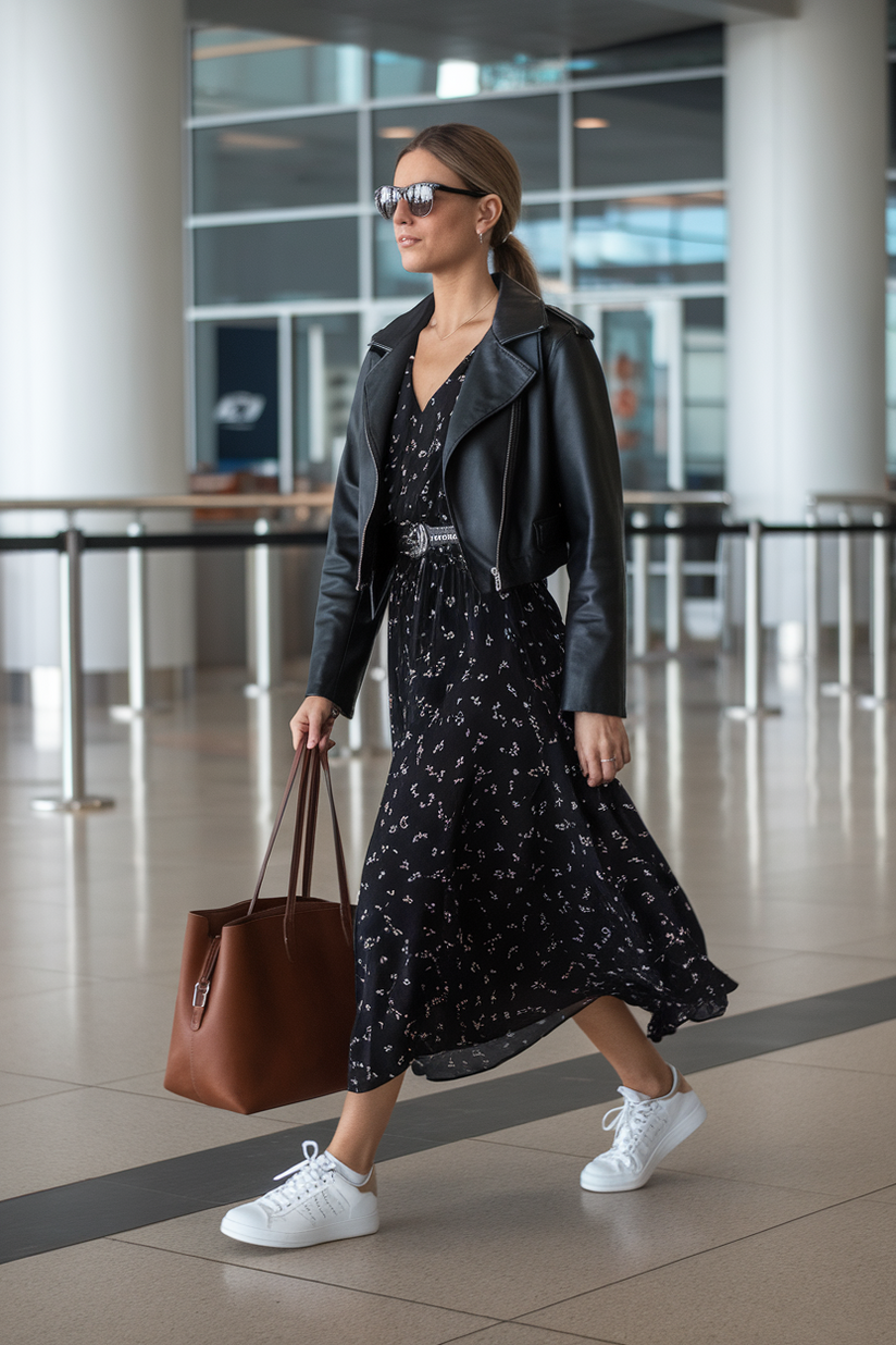 A flowy black midi dress styled with a cropped leather jacket and white sneakers.