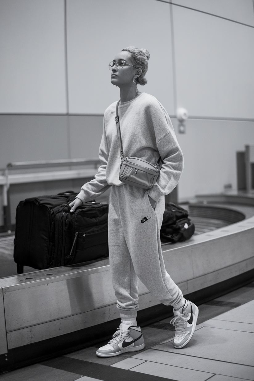 A gray sweatsuit styled with high-top Nike Dunks and a crossbody bag.