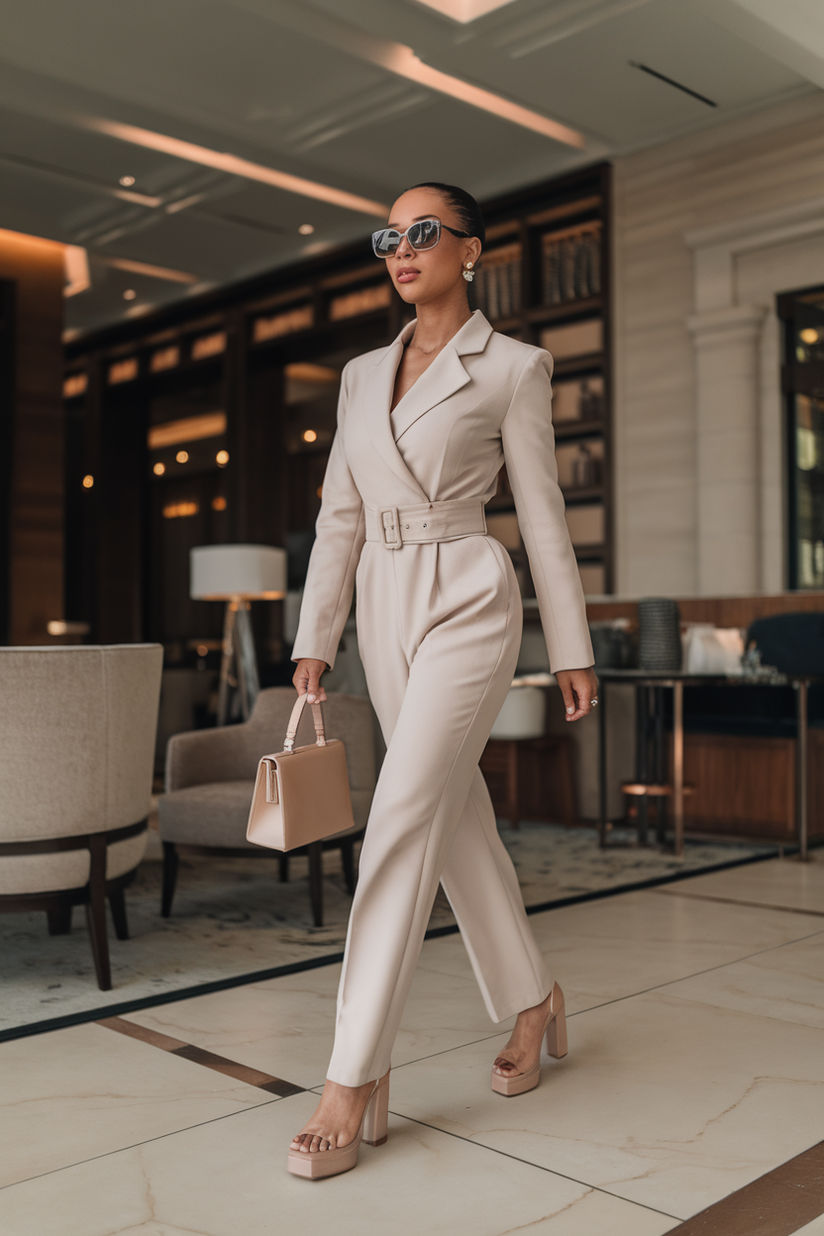 A tailored beige jumpsuit styled with nude block heels and a structured handbag.