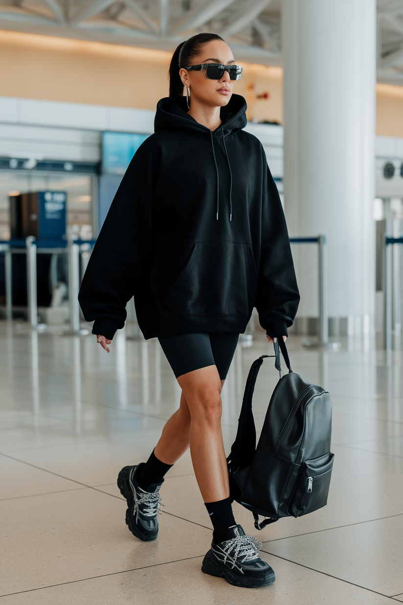 A black oversized hoodie styled with biker shorts and chunky sneakers.