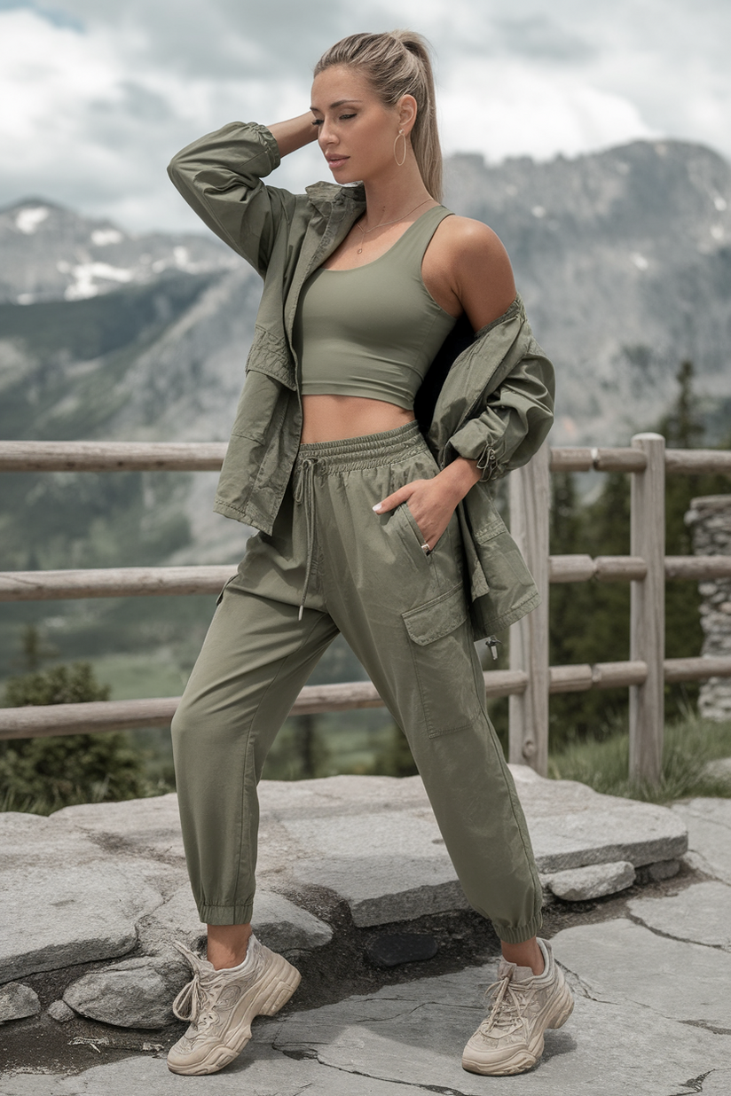 An olive green utility jacket styled with a fitted tank top, joggers, and chunky sneakers.