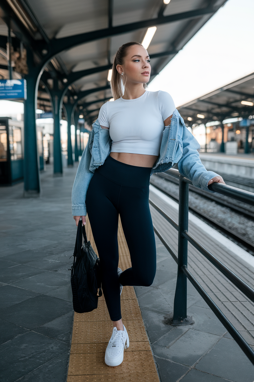 A fitted white t-shirt and high-waisted leggings styled with a cropped blue denim jacket.