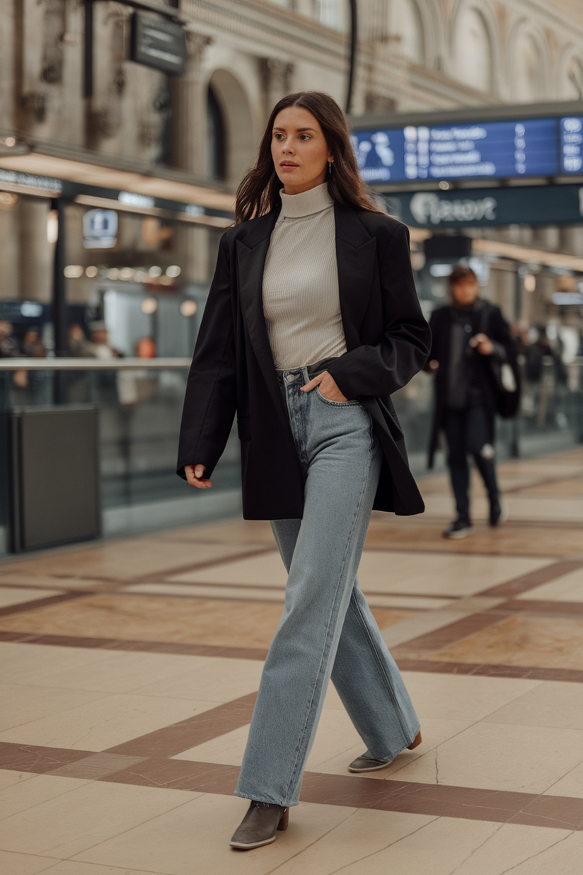 Straight-leg blue jeans styled with a ribbed white turtleneck and black blazer.