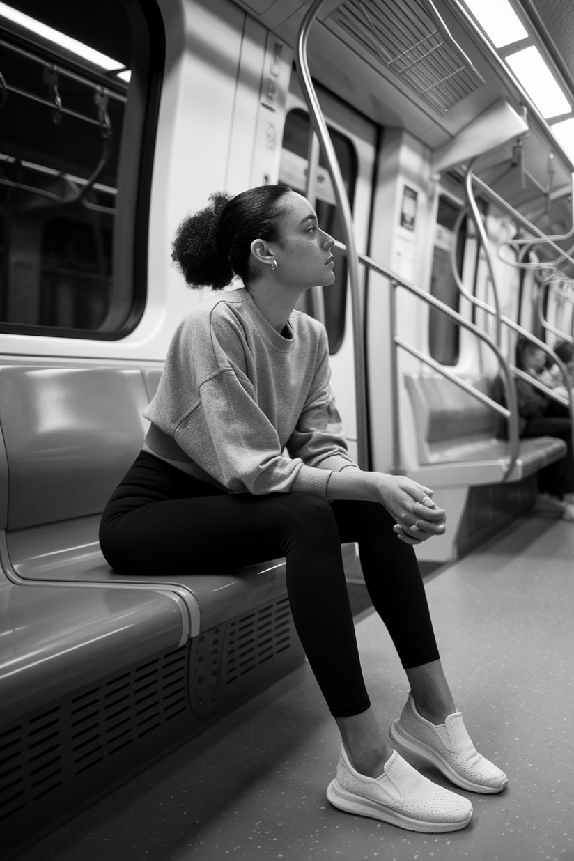 High-waisted black leggings styled with a crewneck sweater and white slip-on sneakers.